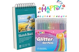 Xmusk 18 Colors Glitter Gel Pen & A5 Art Sketchbook Gift Set - 50 Sheets 120gsm Drawing Pad for Painting & Writing, Perfect B