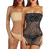 2Pack Women Sexy Fishnet Bodysuit Diamond Mesh Dress Sparkle Strap Stretch Chemise Nightwear Bodystocking for Women