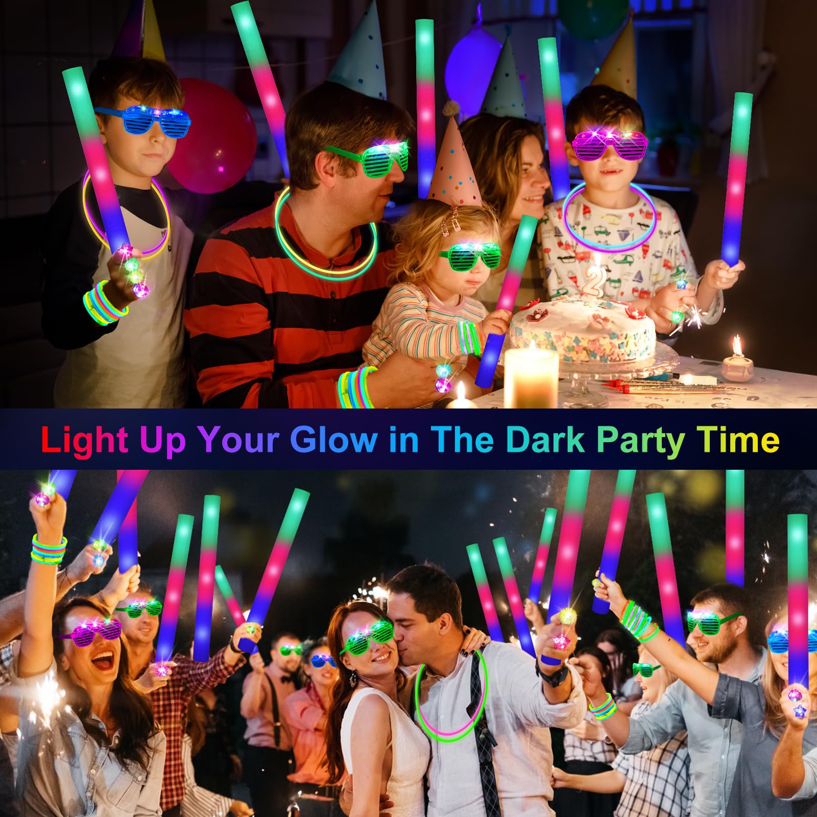 150 PCS Glow in the Dark Party Supplies, 16 Foam Sticks, 16 LED Glasses, 100 Glow Sticks and 18 Finger Lights for Neon Party, Wedding, Birthday, Concert, New Year, Carnivals, Raves