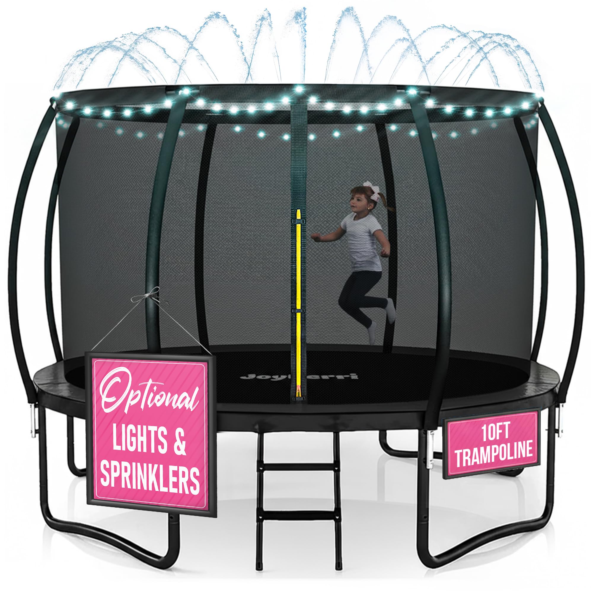JoyBerri Trampoline Outdoor - Upsurge ASTM Certified Safe 8Ft 10Ft 12Ft 14Ft 15Ft 16Ft Recreational Trampoline for Kids and Adults. Anti-Rust Coating with Enclosure Net, Ladder, Sprinkler & LED Lights