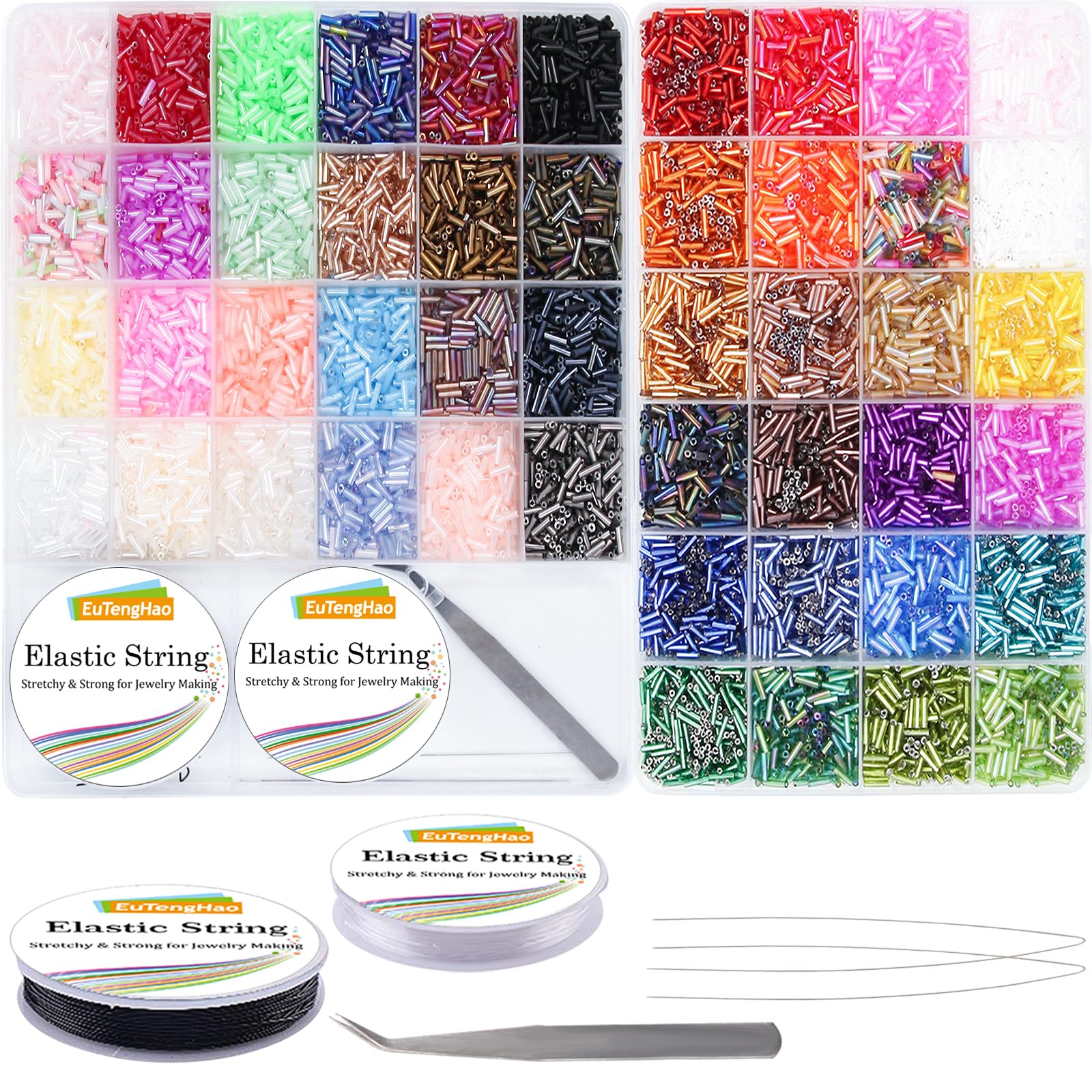 EuTengHao Tube Beads Kit, Glass Bugle Seed Beads Small Craft Beads for DIY Crafting Jewelry Making Supplies (7mm, 300 Per Color, 48 Colors)