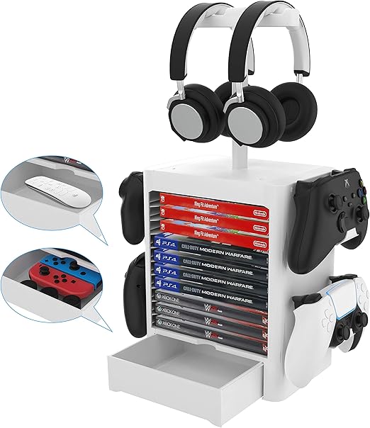Amazon Co Jp Uniraku Ps5用多機能縦置き収納スタンド ゲームソフト収納10枚 ヘッドセット2個 コントローラー4個 メディアリモコンなどの小物周辺機器をきちんと収納します Ps5 Ps4 Nintendo Switch Xbox One Xbox One Series X System対応 白い ゲーム
