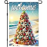 BlissYard Coastal Christmas Garden Flag Beach Christmas Tree Seasonal Welcome Flag Outdoor Holiday Decoration 12x18 Inch Seashell Starfish Polyester Xmas Yard Decor Holiday Display for Front Yard
