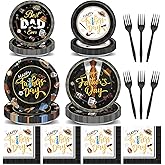 Yiaoyinnz 96 Pcs Happy Father's Day Party Decoration Black Gold Best Dad Party Disposable Paper Plates Napkins Forks Fathers Cake Dinner Tableware Set Father Day Supplies for Super Dad Serve 24 Guests