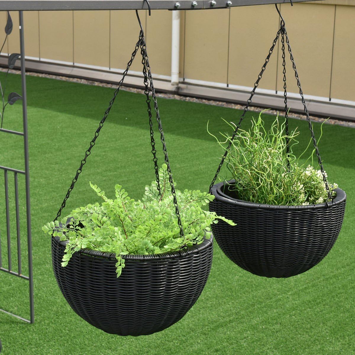 eStoreShop Set of Two 13.8" Round PE Rattan Garden Plant Hanging Planters Decor Pots Black
