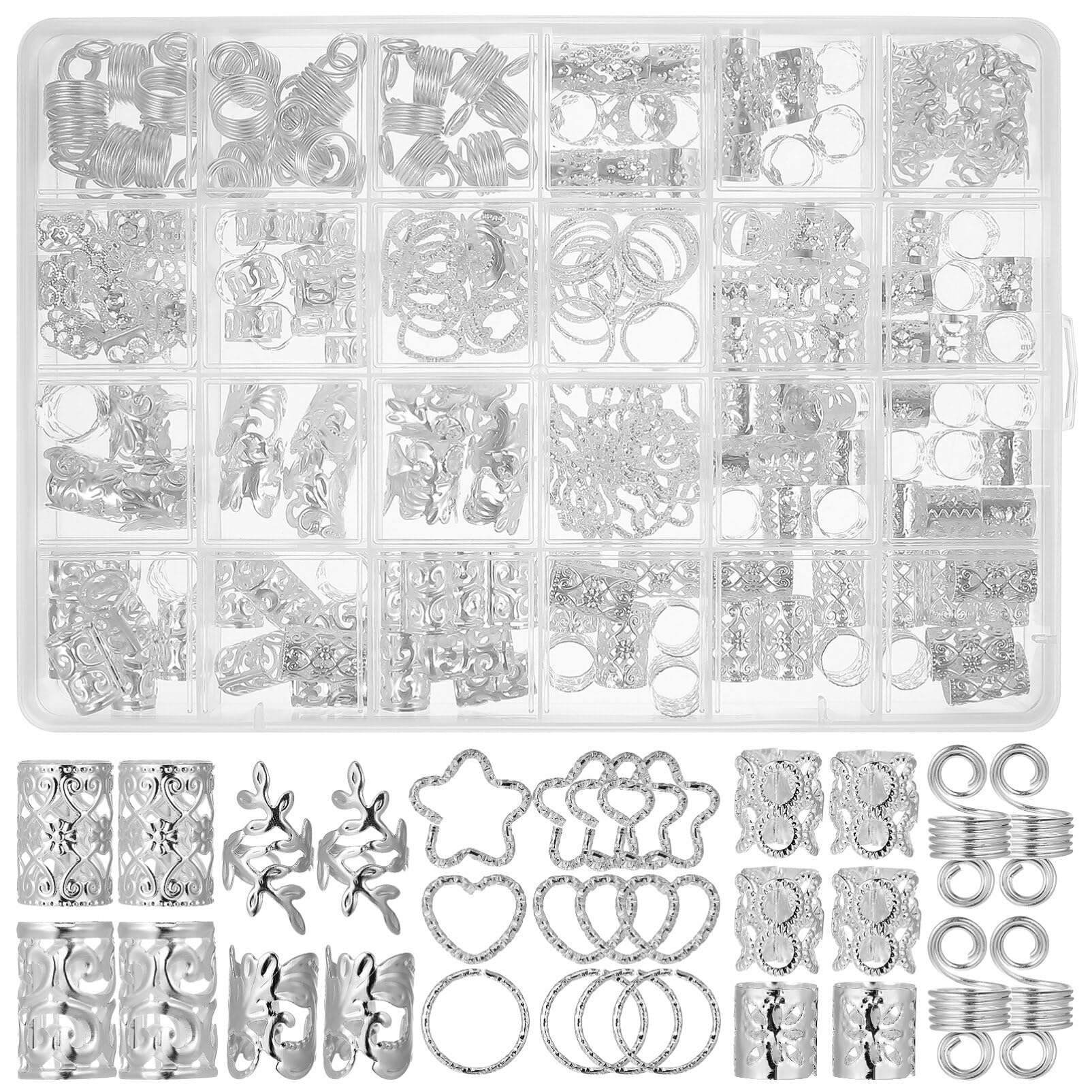 minkissy Hair Jewelry for Braids 260 Pcs Silver Hair Rings Beads Charms Accessories for Women Girls Braided Styling Decorations for Parties Weddings