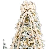 Hismir Christmas Tree Topper Bow,53x14 Inches Large Christmas Bow with Glitter Streamer and Patterned Ribbon,Decorative Bows for Xmas Tree Wreath Door Festival Home Decor(Champagne Gold Snowflake)