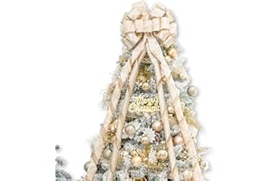 Hismir Christmas Tree Topper Bow，53x14 Inches Large Christmas Bow with Glitter Streamer and Patterned Ribbon，Decorative Bows for Xmas Tree Wreath Door Festival Home Decor(Gold Snowflake)