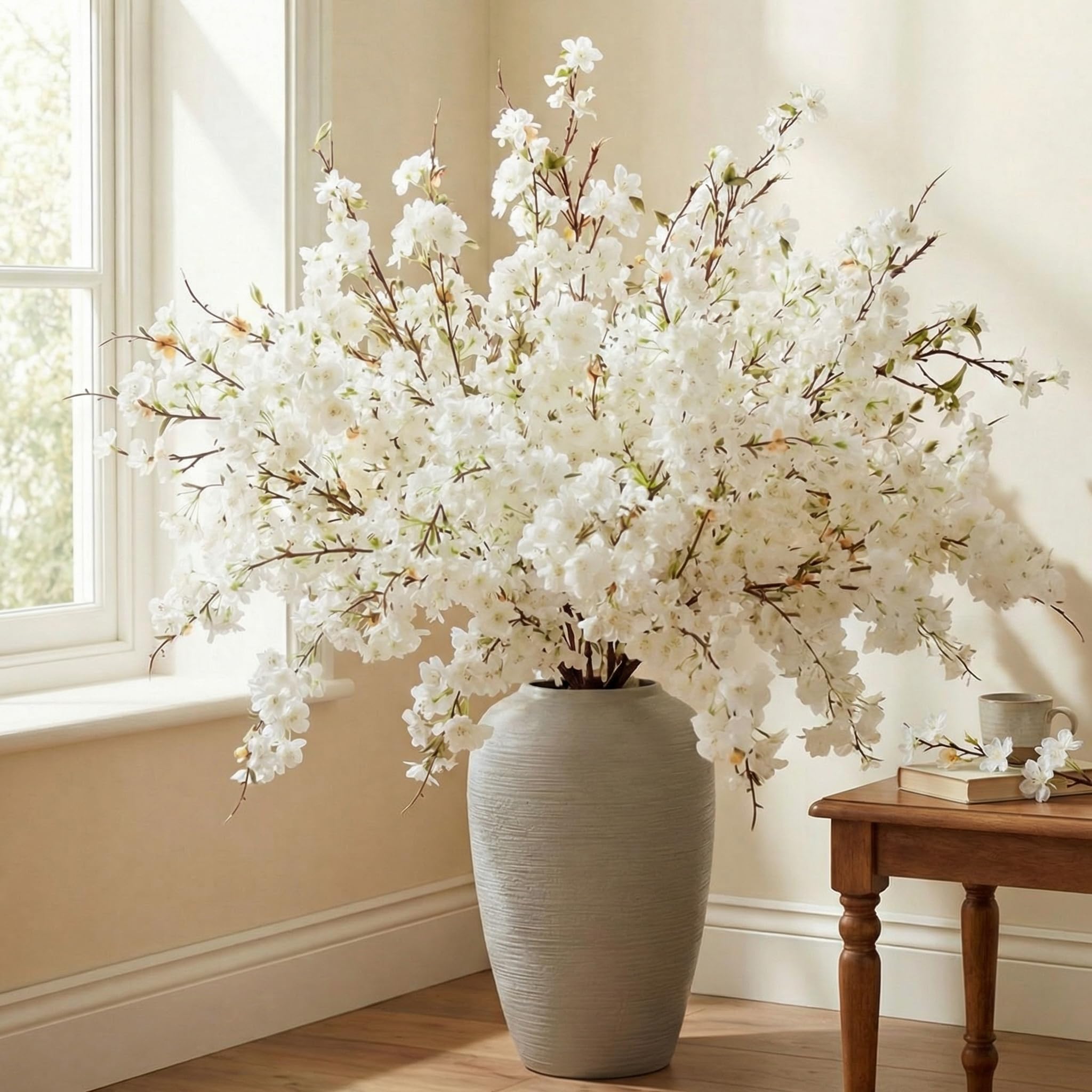 Photo 1 of Giegxin 18 Pcs Artificial Cherry Blossom, 41" Faux Cherry Branches Spring Decor Indoor Silk Fake Flowers Long Stems for Tall Vase Table Home Wedding Business Spaces Decor(White)