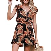 CUPSHE Women's Romper Tropical Flutter Sleeve Boho Overall V Neck Wide Leg Outfit Casual Beach