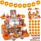 Colingmill 34 Pcs Dia De Los Muertos Decorations, Day of The Dead Altar Kit | Dia De Los Muertos Altar Ofrenda, 3 Tier Wooden Shadow Box Marigold Garland with Light Butterfly, Mexican Picture Frame Decor