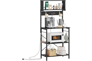 Bestier Bakers Rack with Power Outlets, Height Adjustable Microwave Stand, Kitchen Storage Shelf Rack with 8 S-Shaped Hooks, Coffee Bar Table 5 Tiers Black