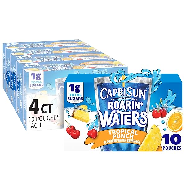 CAPRI SUN ROARIN’ WATERS TROPICAL PUNCH FLAVORED WITH OTHER NATURAL FLAVOR WATER BEVERAGE, 40 CT PACK, 4 BOXES OF 10 DRINK POUCHES