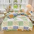 AOJIM Plaid Duvet Cover Set with Colorful Floral and Strawberry Pattern, 1 Pure Cotton Comforter Cover and 2 Pillowcases, Soft Lightweight Bed Set Twin Size, Quilt Cover for Room Decor (No Comforter)