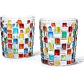 The Wine Savant Artisanal Hand Painted Stained Glass Window Whiskey Tumblers 10oz Set of 2 Renaissance Romantic Rainbow Colored Drinking Glasses - Gift Idea for Her, Home Bar, Weddings 4" H