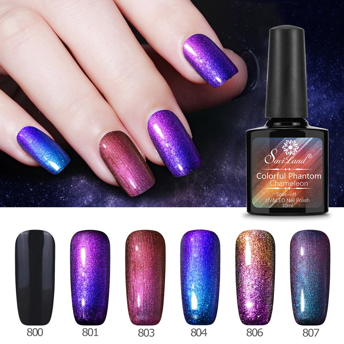 6 Pcs Soak Off Gel Nail Polish Set, Saviland Phantom Chameleon Gel Glitter Sparkly Polish UV LED Nail Art Kit 10ml