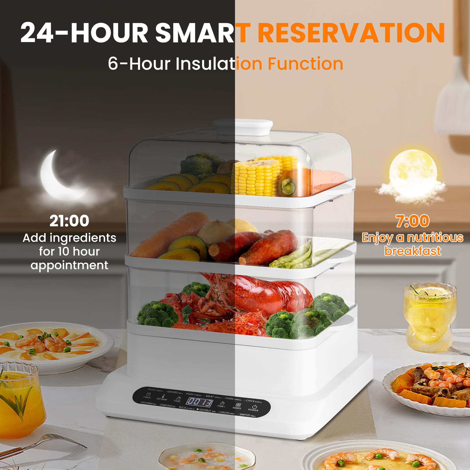 Pukomc Food Steamer 3 Tier 16QT Electric Vegetable Steamer With Appointment and Timer Multifunctional Digital Steamer For Fast Simultaneous Cooking (800W)