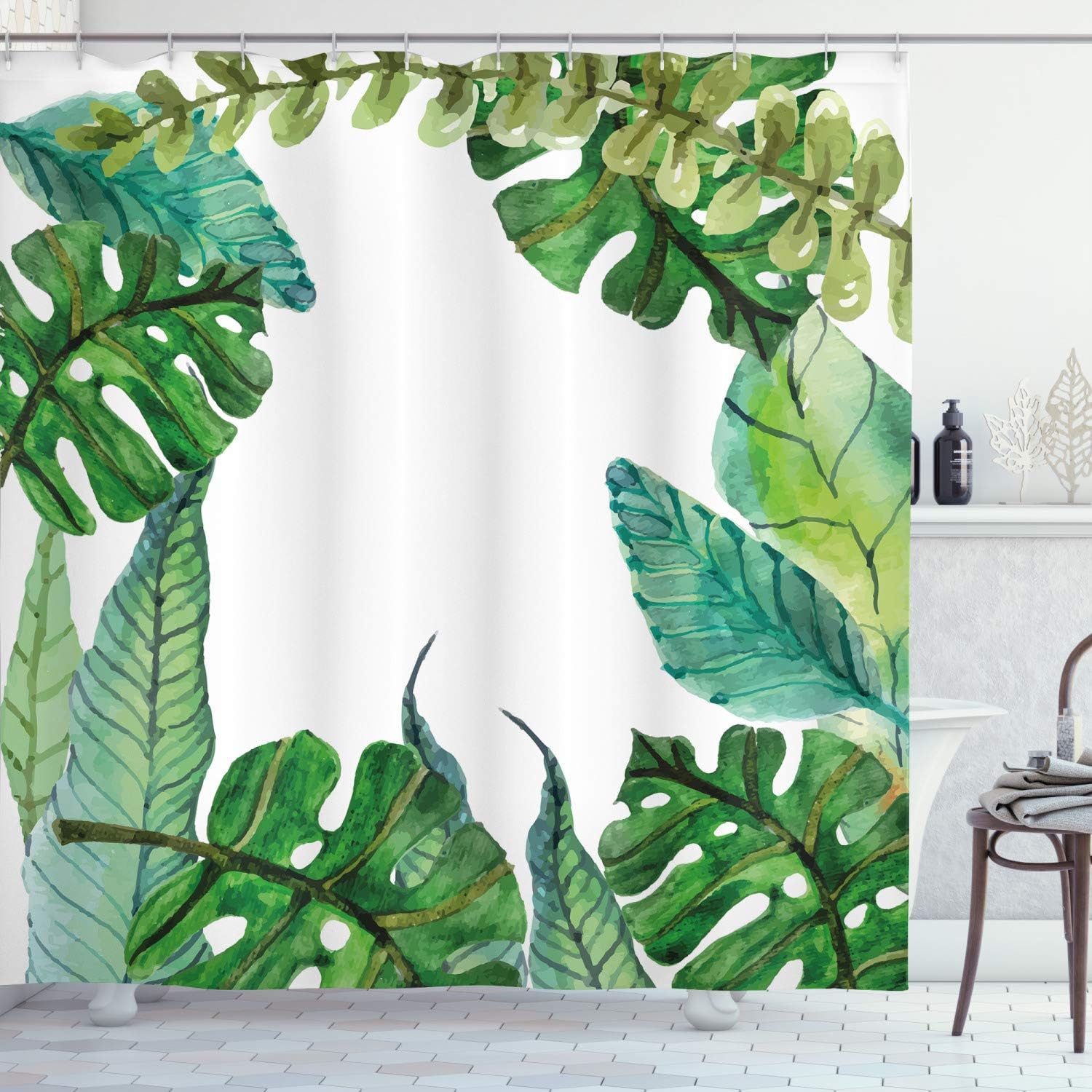 Amazon Com Ambesonne Leaf Shower Curtain Watercolor Print Garden Botanical Herbal Forest Leaves Image Cloth Fabric Bathroom Decor Set With Hooks 75 Long Turquoise Dark Green Apple Green Home Kitchen
