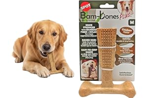 SPOT Bam-Bones Plus T-Bone, Bamboo Fiber & Nylon Dog Chew, Durable for Aggressive Chewers, Non-Splintering, for Adult Dogs & Teething Puppies Under 60lbs, 6in, Chicken Flavor