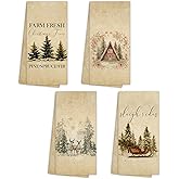 EGBTL Vintage Christmas Kitchen Towels, Rustic Christmas Tree Sleigh Holiday Hand Towels for Bathroom Decor, Farmhouse Xmas Winter Dishcloths Dish Towel for Kitchen 16x24 Inches Set of 4