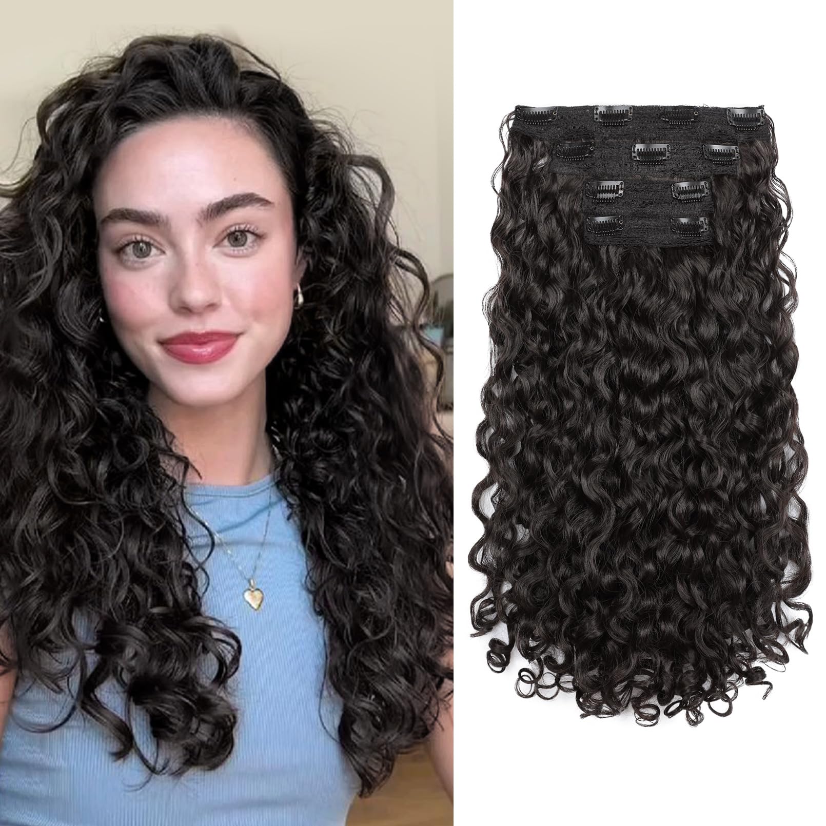 Photo 1 of REECHO Curly Hair Extensions - 4PCS 18" GoGo Curly Clip in Hair Extensions 100% Super Protein Hairpieces with Invisible Lace Weft Silky Soft Natural Look for Women - Black Brown