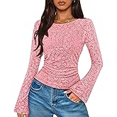 MEROKEETY Women's Bell Long Sleeve Shirts 2025 Fall Floral Going Out Tops Slim Fit Y2k Clothes Outifts