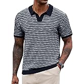Herberton Men V Neck Polo Knit Striped Heavyweight Casual Poloshirts Summer Short Sleeve Shirt (S-XXL)