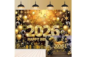 CUMIA 2026 Happy New Year Banner Backdrop 7x5FT Black and Gold Fireworks New Years Eve Photography Background for NYE Decorations 2026 New Years Eve Party Supplies NYE Party Favor