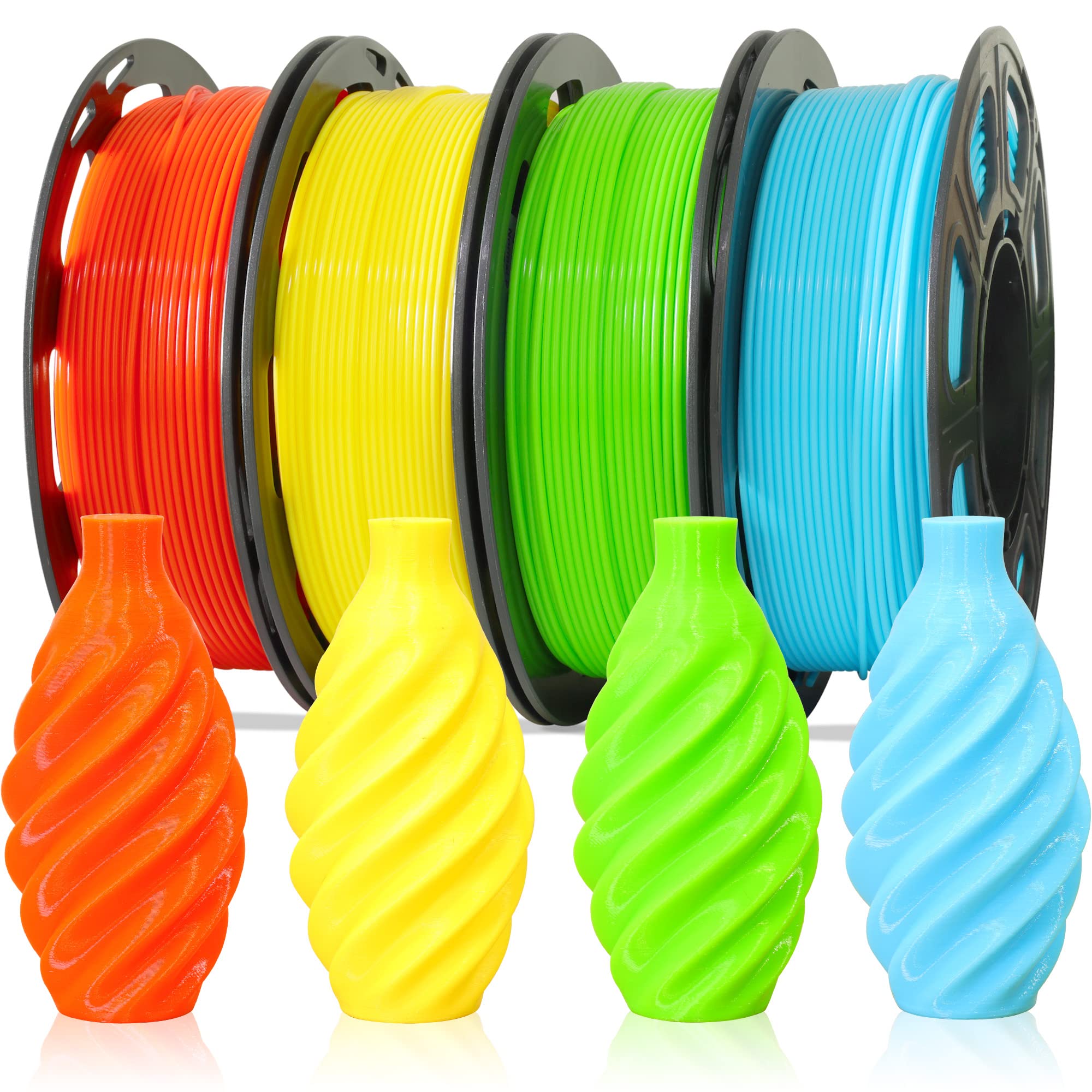 Photo 1 of 1.75mm 3D PLA Filament 4 in 1 Bundle: Yellow, Orange, Lime Green, Sky Blue, 4 Bright Colors Packed, Each Spool 250g, 4 Spools Packed, Total 1Kg 3D Printing Material by MIKA3D