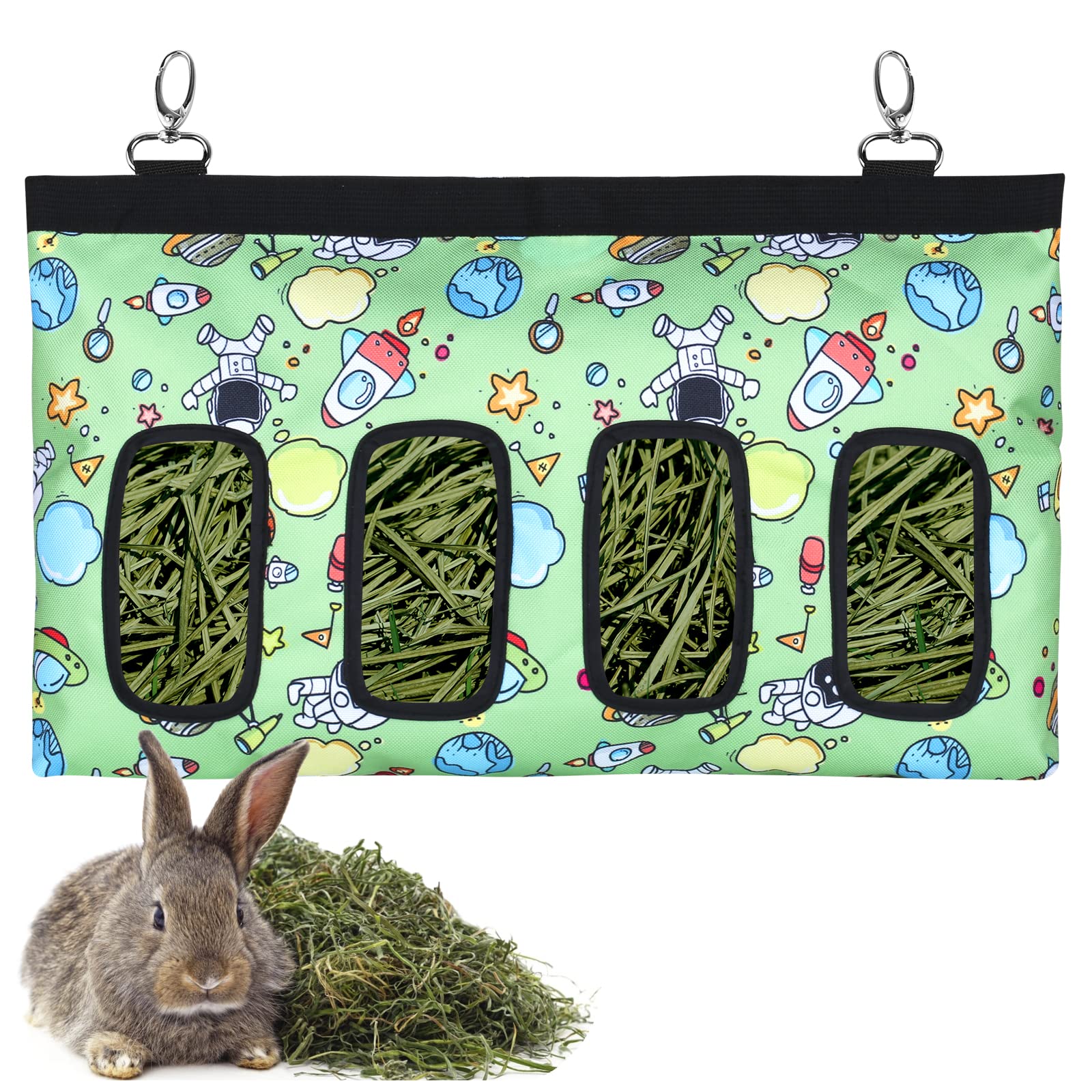 Rabbit Hay Feeder Bag Guinea Pigs Hanging Hay Rack Manger Holder Dispenser Small Animal Feeder Storage Pouch for Bunny Chinchilla Hamster (4 Windows, Pattern Green)
