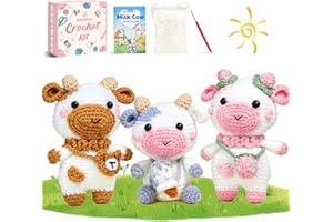 MAGIMUSE Crochet Kit for Beginners, Crochet Starter Kits for Adults w Step-by-Step Video Tutorials, Amigurumi Craft DIY Knitting Supplies, Crocheting Animals Kits, 3 Pcs Cow (40%+ Yarn)