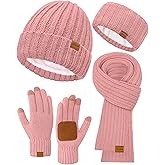 Women Winter Beanie Hat Scarf Gloves Headband Set, Fleece Lined Hat Ear Warmer Knit Long Scarf Touchscreen Gloves 4 Gift Set