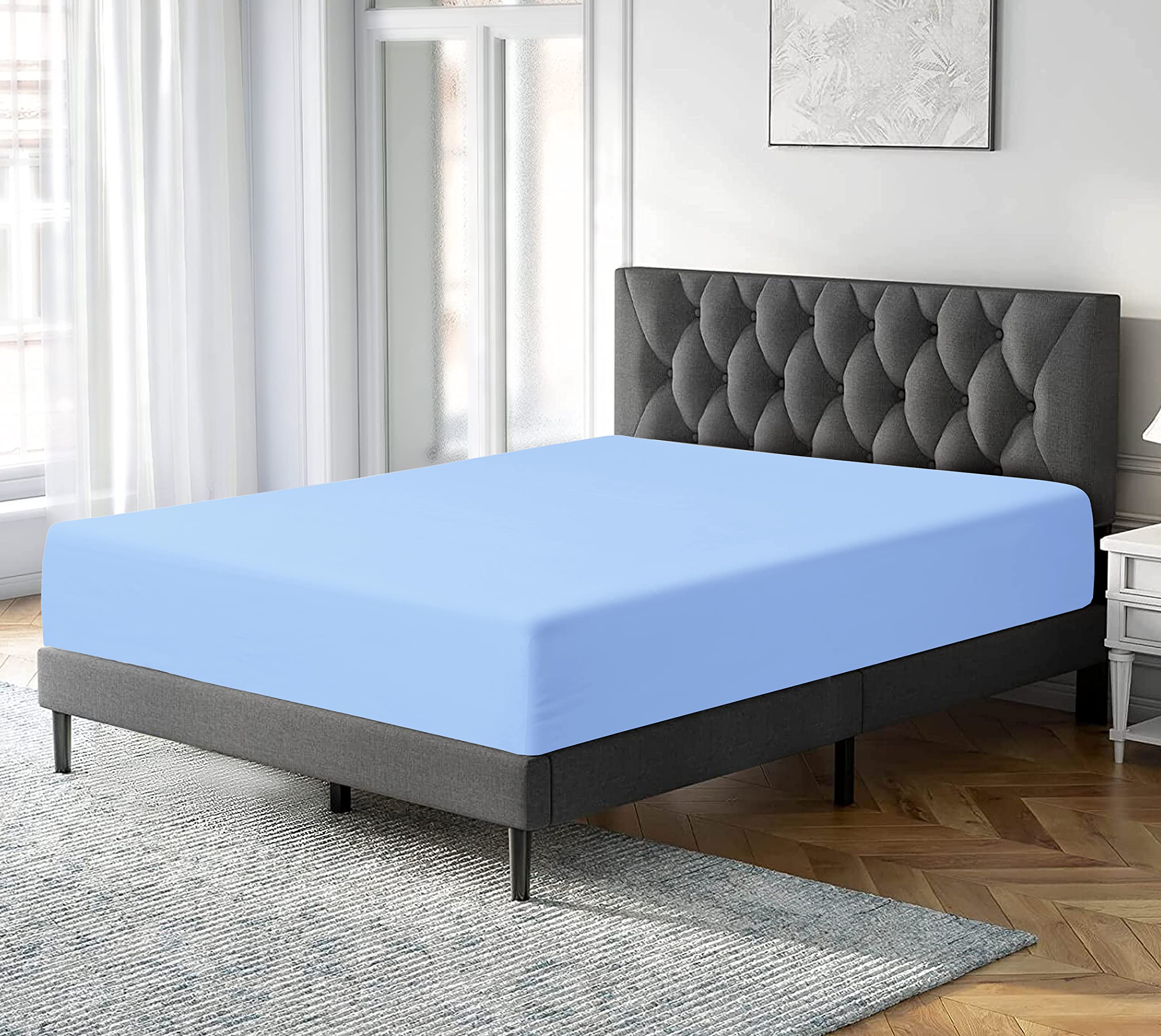 300 Thread Count 100% Pure Egyptian Cotton Bedding Fitted Sheets Stretches Up to 28cm Deep (Blue, King: 152x200cm)