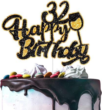 Amazon Aerzetix バースデーデコレーション Happy 32nd バースデーケーキトッパー ワイングラスサイン 32歳の誕生日を応援 誕生日パーティーデコレーション プレゼント用品 おもちゃ おもちゃ