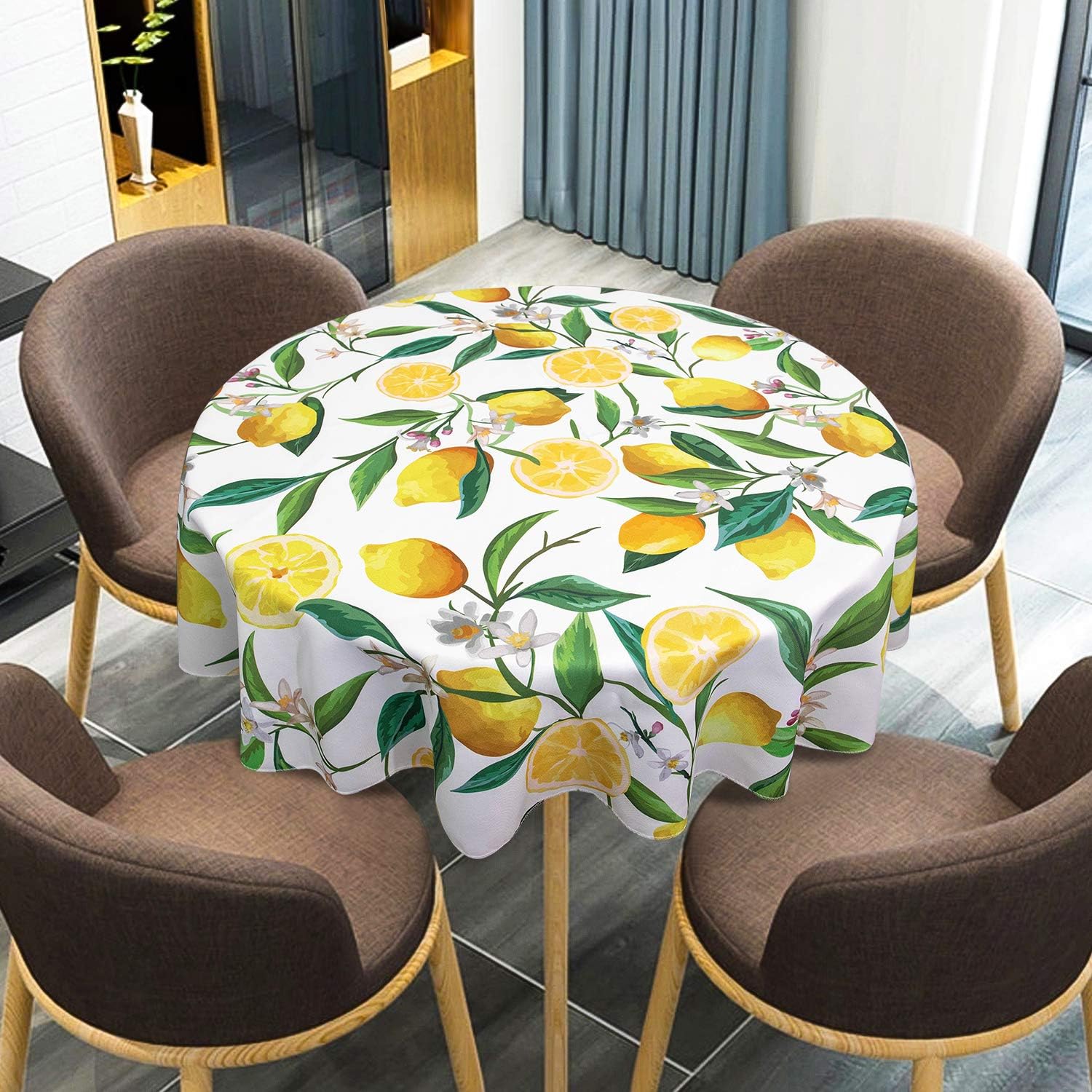 VVA Round Tablecloth Nature Exotic Lemon Tree Branches Flowers Leaves Kitchen Gardening Design Circular Table Cover for Dining Room Kitchen Décor Family Dinners Gatherings Indoor Outdoor Events 60''
