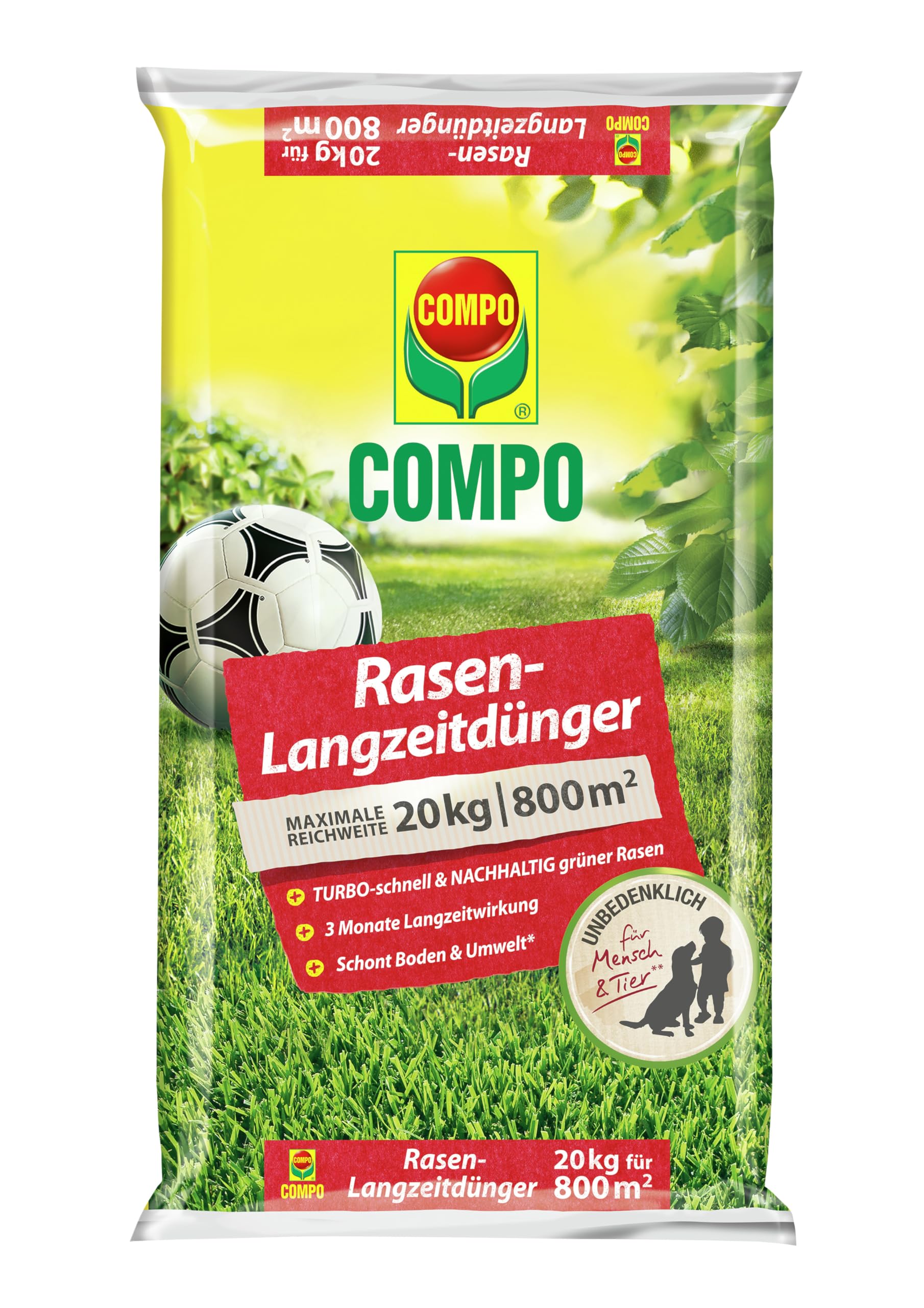 COMPO Rasendünger mit 3 Monaten Langzeitwirkung für Frühjahr und Sommer - tierfreundlich - Premium Rasen-Langzeitdünger - 20 kg für 800 m² - 20 kg für 800 m²