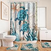 Sea Turtles Nautical Ocean Beach 4 Pcs Bathroom Sets with Shower Curtain Set and Rugs, Non-Slip Rugs Bath Mat U Shaped Mat Starfish Coral Shower Curtains Waterproof with 12 Hooks, 72 x 72 Inch Teal