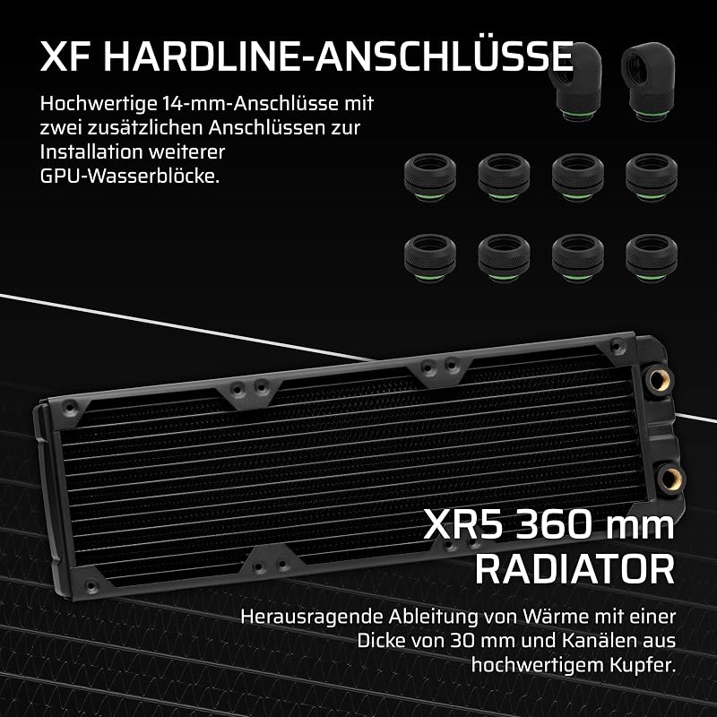 iCUE LINK XH505i RX 360 RGB Individuelles Kühlungs-Kit – XC7 ELITE CPU-Wasserblock, XD6 ELITE-Pumpenreservoir, 3x RX120 RGB-Lüfter, XR5 360-mm-Radiator, iCUE LINK-Systemhub - Schwarz