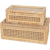 Large Handwoven Boho Rattan Display Boxes with Glass Lids - Set of 2 Rectangular Decorative Storage Bins - Natural Woven Cane