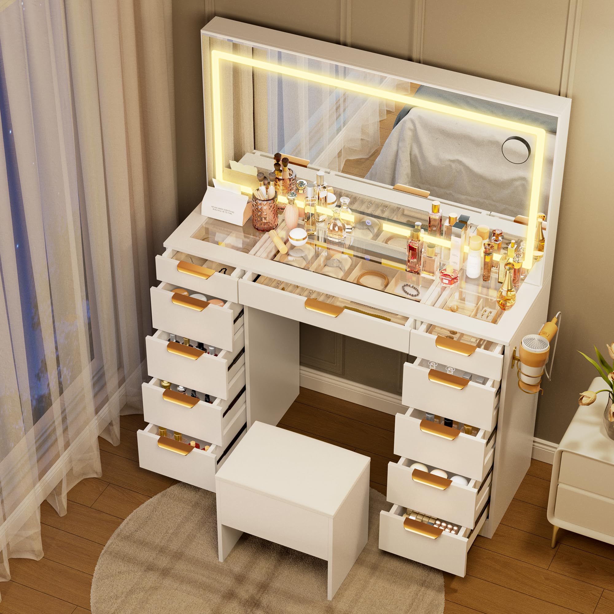 Photo 1 of ***MISSSING MIRROR*** Pamapic 11 Drawers Makeup Vanity with Mirror and Chair, Glass Top Vanity Desk with Power Outlet, 3 Lighting Modes Dressing Table with Golden Handles, Silent Slides and Portable Mirror, White
