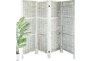 Babion 4 Panel 5.6FT Portable Wall/ Room Dividers and Folding Privacy Screens, Wood Wicker Weave Screens for Office, Bedroom, Vintage Grey