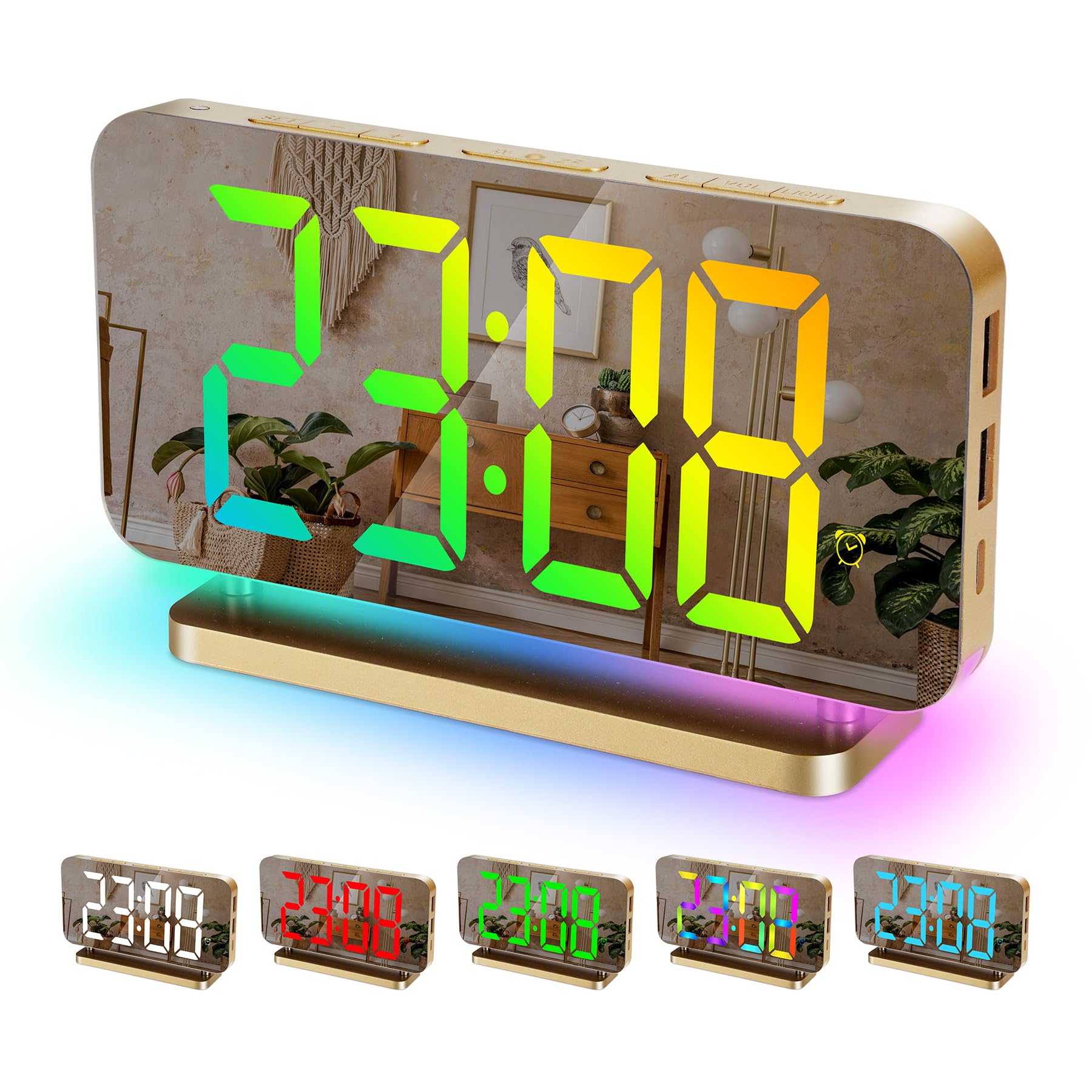Sukeen Alarm Clock, 7.4" LED Digital Clock, Mirror Clock with 11 Colors Time Display, 10 Modes RGB Night Light, USB C Charger Port,Volume, Brightness, Bedside Clock for Teens Bedroom Home Decor-Gold