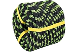 CRAYZA 3/8 Inch Braided Polyester Rope, 100 Feet Arborist Rigging Rope for Tree Work Camping Swing Sailing, Black/Fluorescent Green