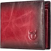 BULLCAPTAIN RFID Wallets for Men Slim Bifold Genuine Leather Front Pocket Wallet with 2 ID Windows QB-05(Crimson )