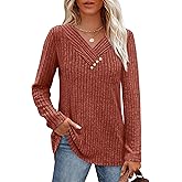 SAMPEEL Sweaters for Women Long Sleeve Shirts V Neck Tops with Buttons Fall Fashion Outfits Winter Clothing 2025