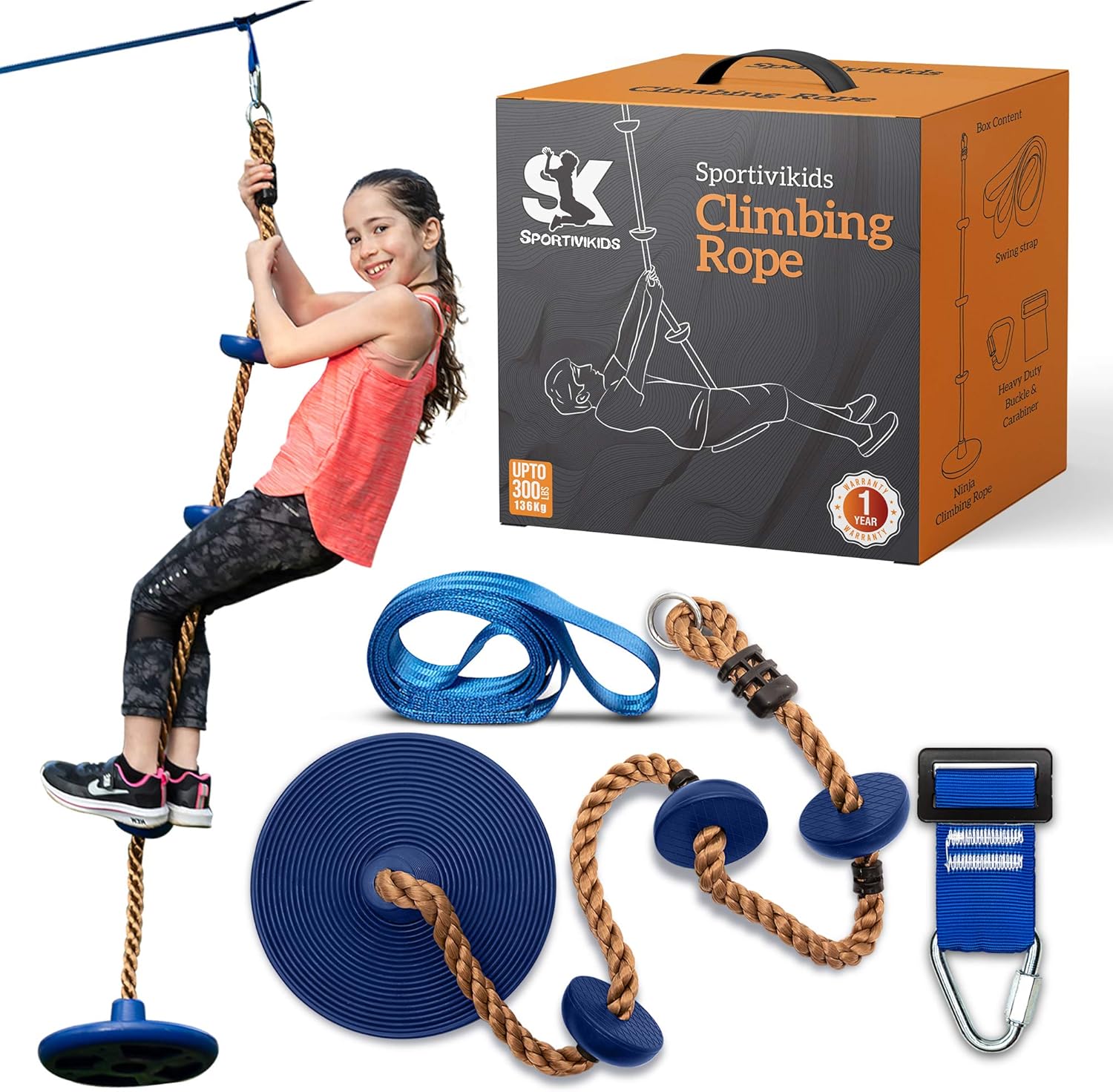 Sportivikids Climbing Rope Tree Swing with Platforms and Disc Swings Seat, Climbing Ladder for Treehouse and Backyard Tree Use, Strong Hanging Buckle, Fun Kids Outdoor Accessory Playset, Gift Box: Toys & Games