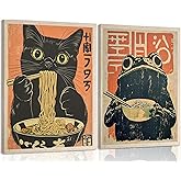 ELESFEK 2Pcs Vintage Japanese Cat Wall Art Quirky Black Cat Eating Ramen Canvas Poster Retro Funny frog Eating Food Painting Picture Unique Kitchen Print Dining Room Wall Decor Unframed
