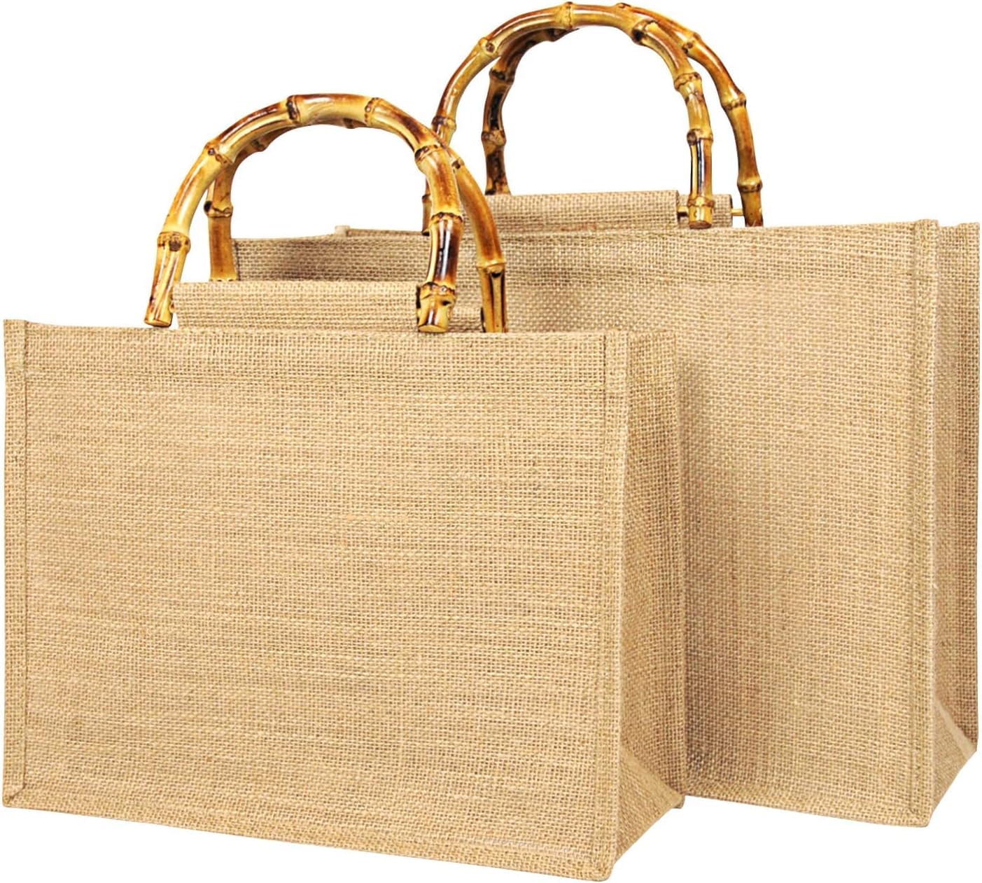 Tibroni Portable Shopping Bag, Portable Natural Jute Bag, Bamboo Handles, Perfect for Shopping, Picnic, Gifts, Travel, Beach 33x26x14cm, No Inner Pocket