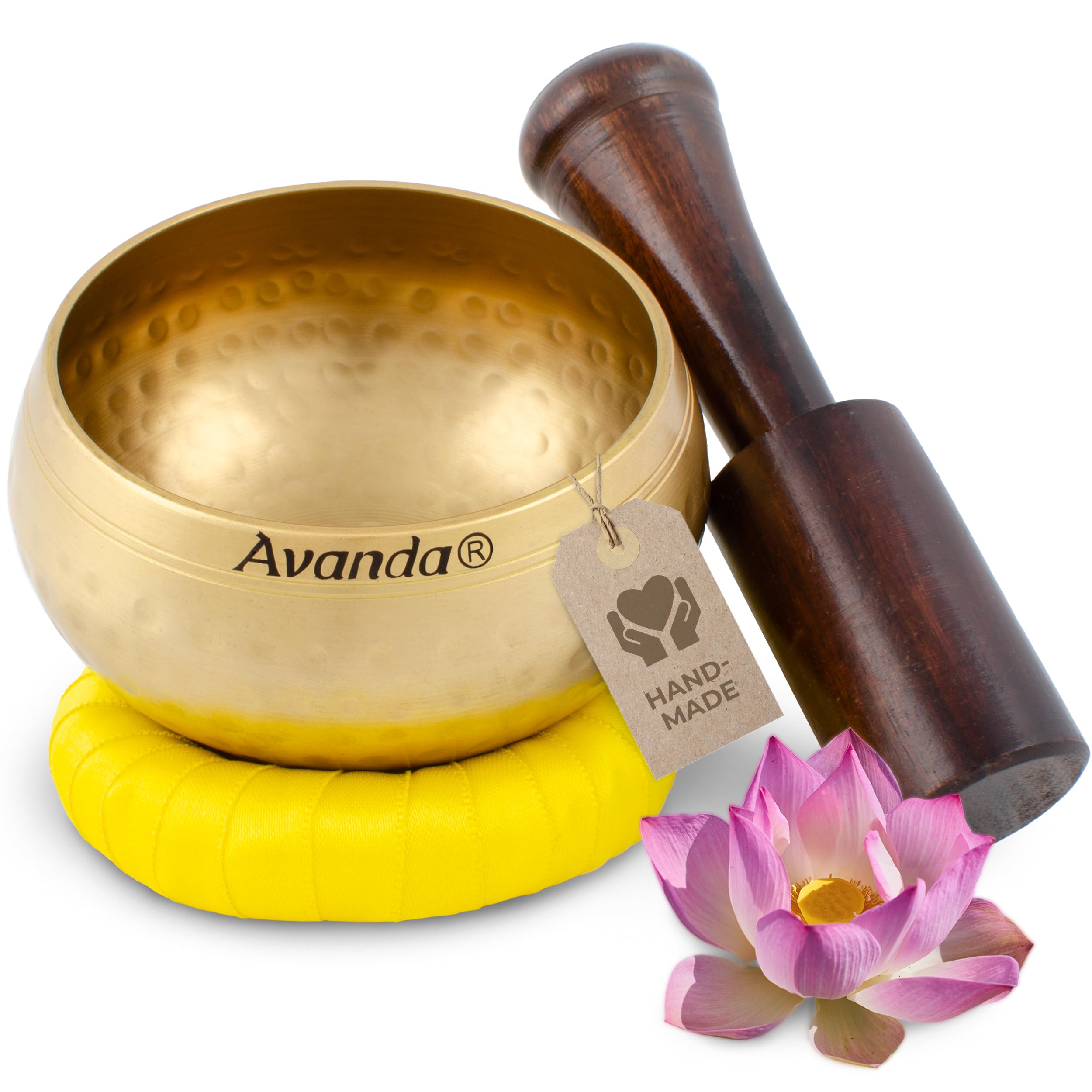 Tibetan singing bowl set for yoga, meditation and relaxation - hammered Tibetan singing bowl Ø 10 cm (4 in), mango wood mallet and ring cushion, yellow
