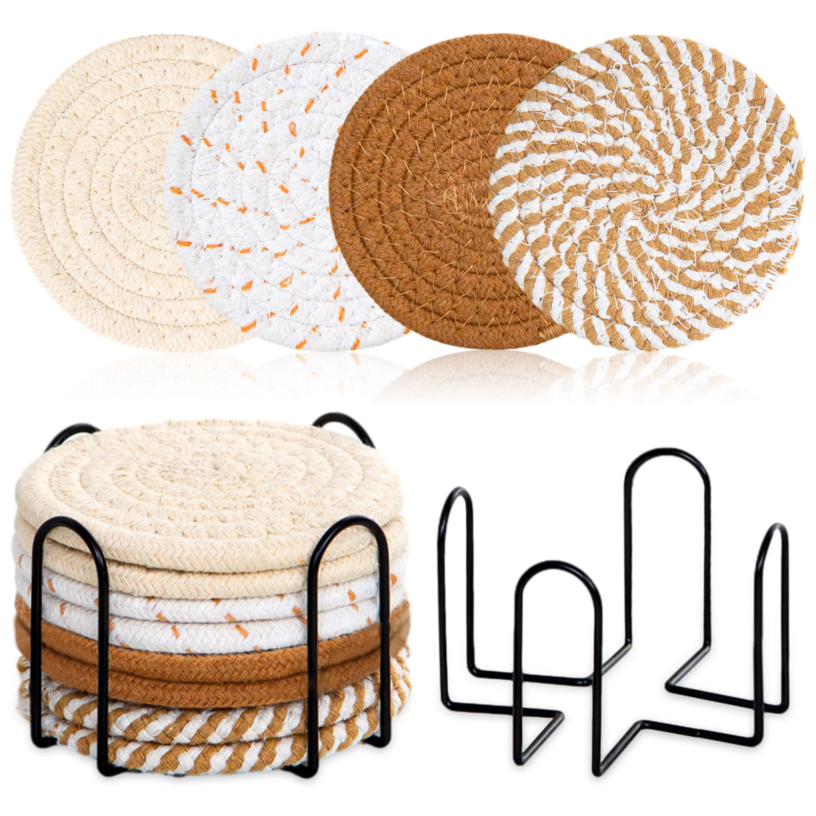 ComfortAce Absorbent Coasters for Drinks - 8 Pack Boho Cotton Coaster Set for Coffee Table - Stylish Natural Material Home Decor, Color Cup Coasters with Holder, Light Coffee